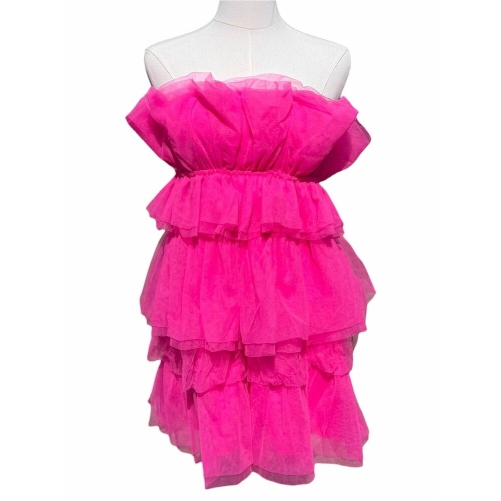 Thirty Thirty LA Strapless Mini Dress Women’s XS Hot Pink Tiered Tulle Ruffle